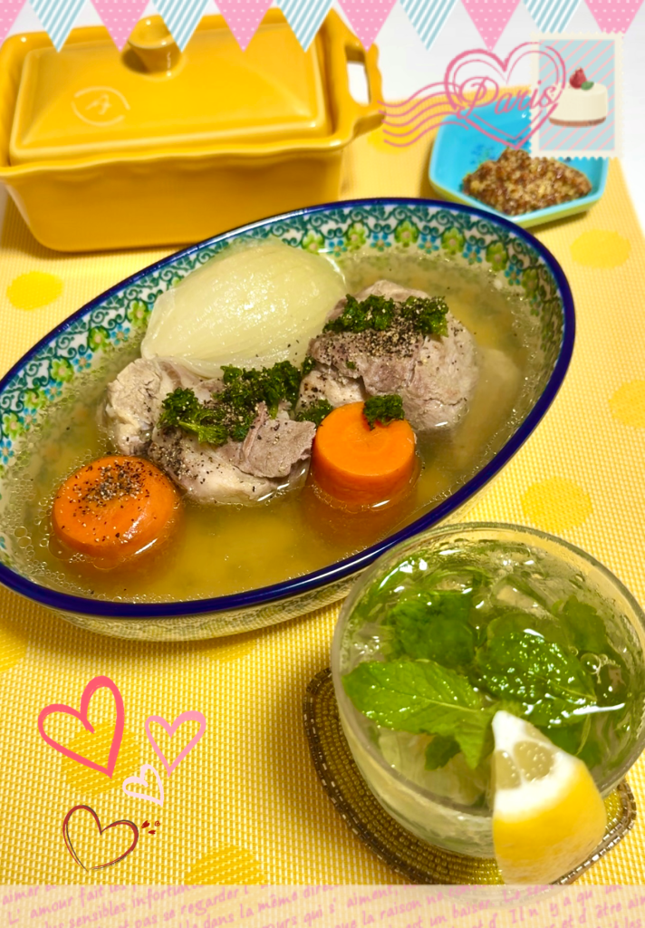 Slow-Cooked Pot-au-Feu & Lemon Syrup Mint Soda Completed photo
